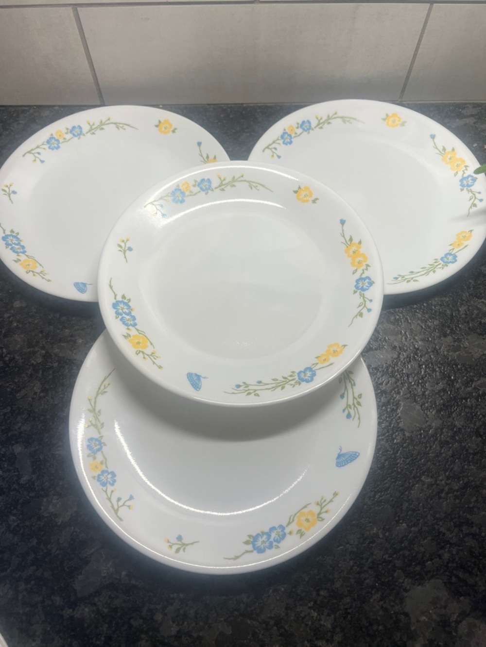 Corelle FLIRTATION Side Plates with Blue and Yellow Floral Border - Set of 4